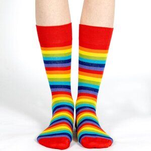 2 Pairs of Rainbow Stripe Crew Socks Extra Fine Combed Cotton Womens 10-12